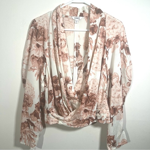 Express Tops - Express Floral Wrap Top - Cream and Brown